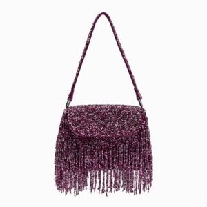 Zara purple plum burgundy fringe tassel beaded bead top handle bag
